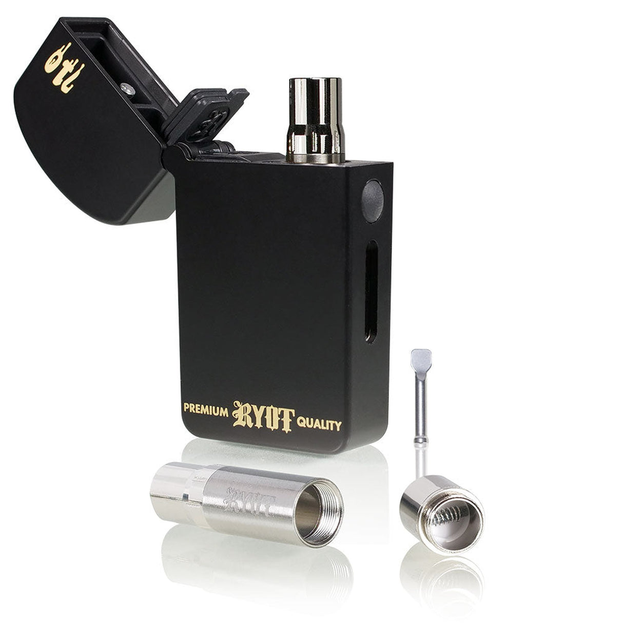 710 FLIP Oil Battery Kit featuring a sleek electronic cigarette design, includes a 510 vaporizer battery, wax tank, silicone container, and dab tool for versatile use.