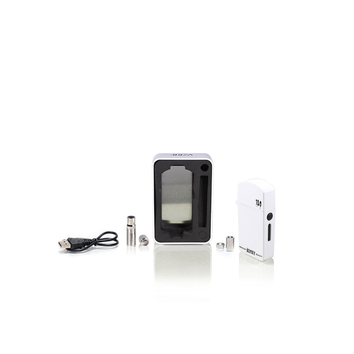 710 FLIP Oil Battery Kit featuring a sleek black plastic case, a visible white rectangular display, and a coiled black cable for versatile vaping experiences.