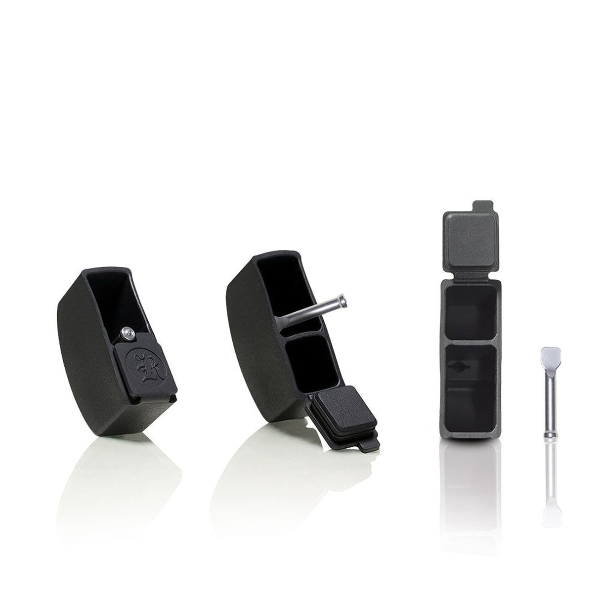 710 Wax Tank Conversion Kit featuring black silicone storage, metal poker, and wax tank, designed for efficient dabbing with portable, durable components.