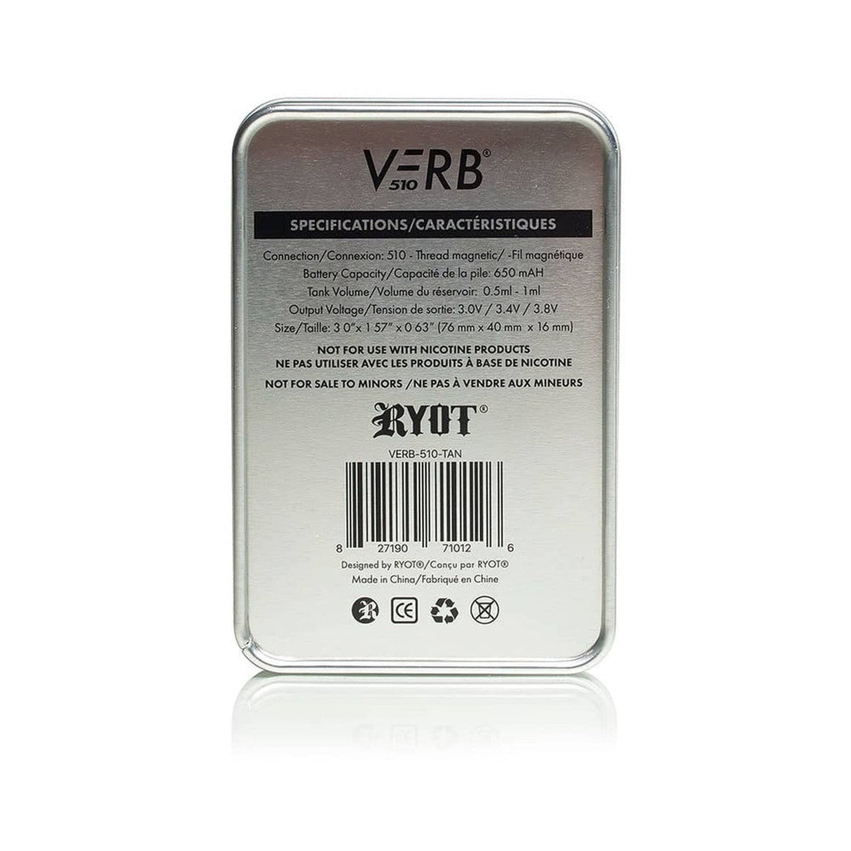 VERB 510 Thread Battery in a silver box, featuring black text and barcode, designed for various power modes and universal magnetic adapters for 510 cartridges.