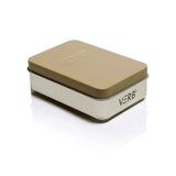 VERB 510 Thread Battery in a rectangular metal box with lid, featuring power modes, pre-heat function, and universal magnetic adapters for 510 threaded cartridges.