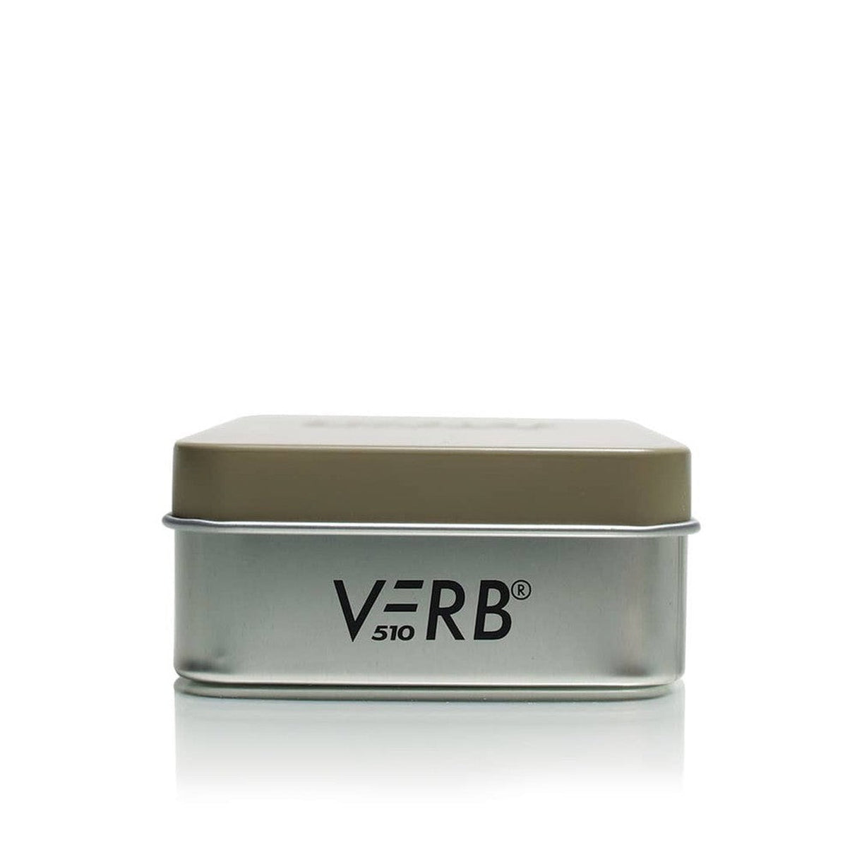 VERB 510 Thread Battery, a compact metal container with lid. Designed for 510 cartridges, features power modes, pre-heat function, and magnetic adapters.