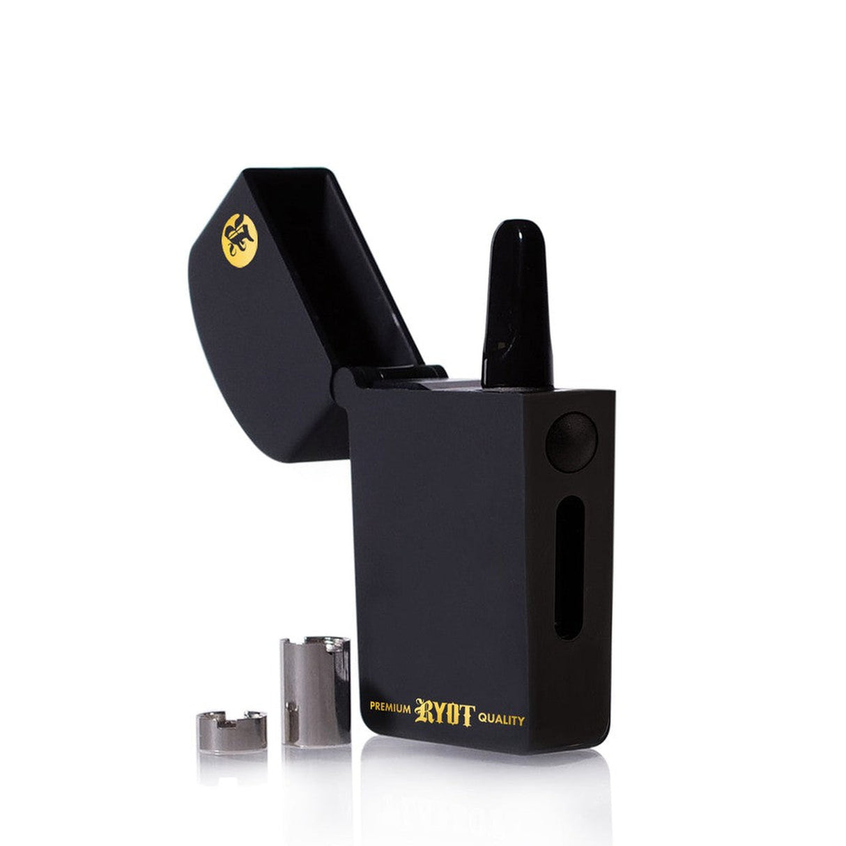 VERB 510 Thread Battery with black handle, yellow logo, designed for 510 cartridges, featuring power modes and magnetic adapters for versatile use.