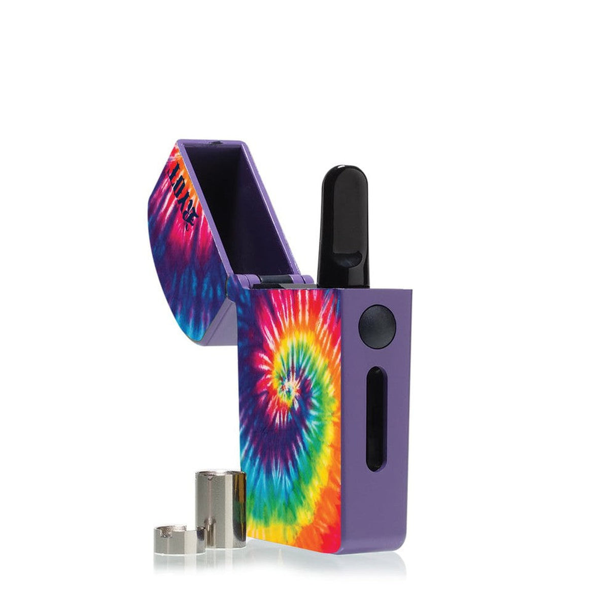 VERB 510 Thread Battery with tie-dye design, lid, and container, featuring easy use, multiple power modes, and universal compatibility for 510 cartridges.