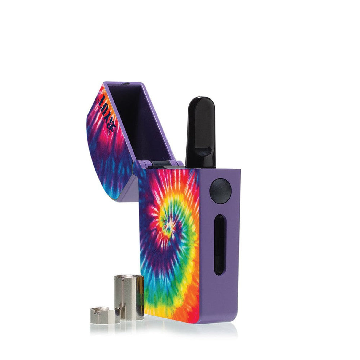 VERB 510 Thread Battery with tie-dye design, featuring a lid and lighter, designed for 510 threaded cartridges with adjustable power modes and universal magnetic adapters.