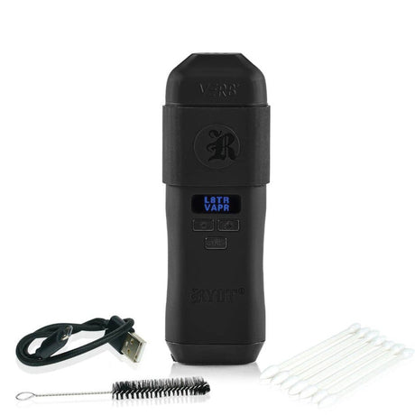 VERB Dry Herb Vaporizer - Black with blue lights, includes a USB charging cable, brush, cotton swabs, and magnetic poker, designed for easy use and smooth draw.