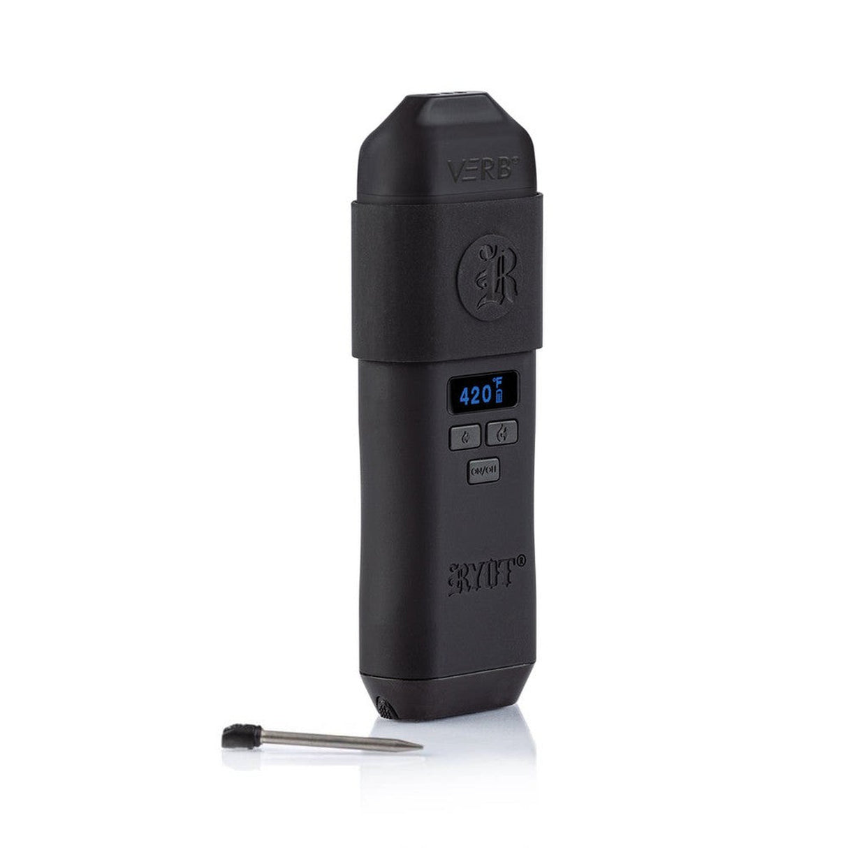 VERB Dry Herb Vaporizer - Black with a digital display, buttons, and an integrated stainless steel magnetic removable poker, designed for ease of use and portability.