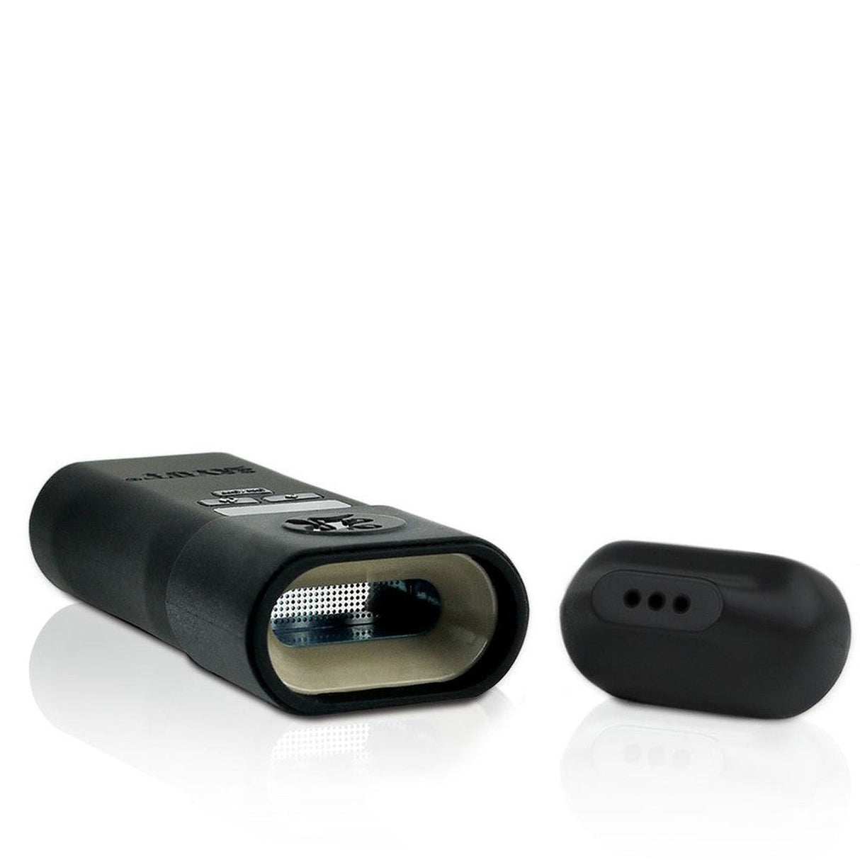 VERB Dry Herb Vaporizer - Black, featuring a compact design with a round cap, buttons, and three-hole chamber; includes OLED display and magnetic removable poker.