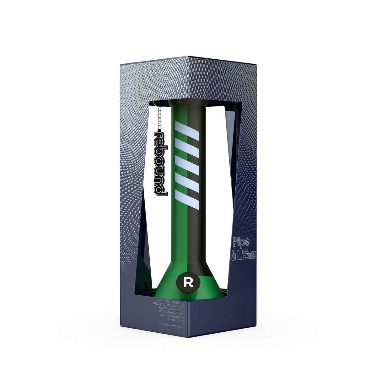 14 Silicone Beaker Bong in Black & Green, featuring a durable, shatterproof design with white stripes, housed in a box, ideal for portable use.