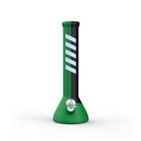 14 Silicone Beaker Bong - Black & Green with a durable, shatterproof design featuring white stripes and a clear glass funnel for smooth hits.