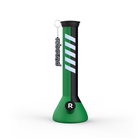 14 Silicone Beaker Bong - Black & Green, featuring a durable design with a keychain and white logo, ideal for shatterproof smoking sessions.