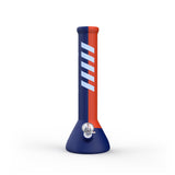 14 Silicone Beaker Bong - Blue & Orange, features a shatterproof design with a clear glass funnel, robust silicone frame, and removable base for easy cleaning.