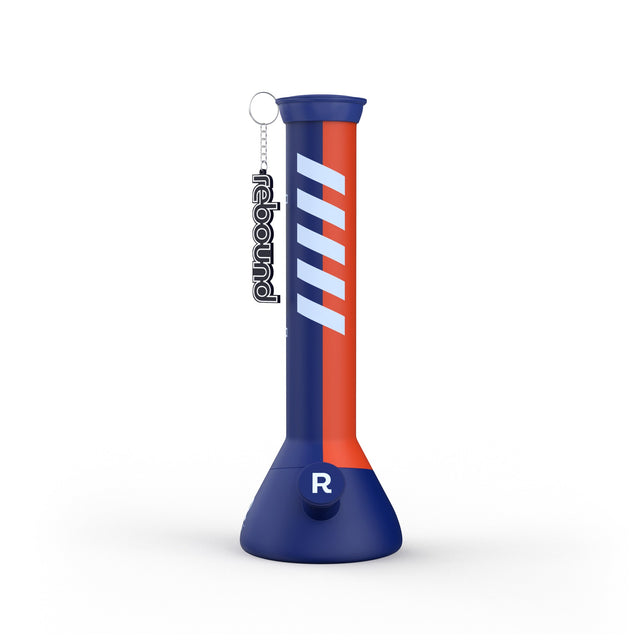 14 Silicone Beaker Bong - Blue & Orange with a keychain, featuring a durable, shatterproof design with white stripes and a removable base for easy cleaning.