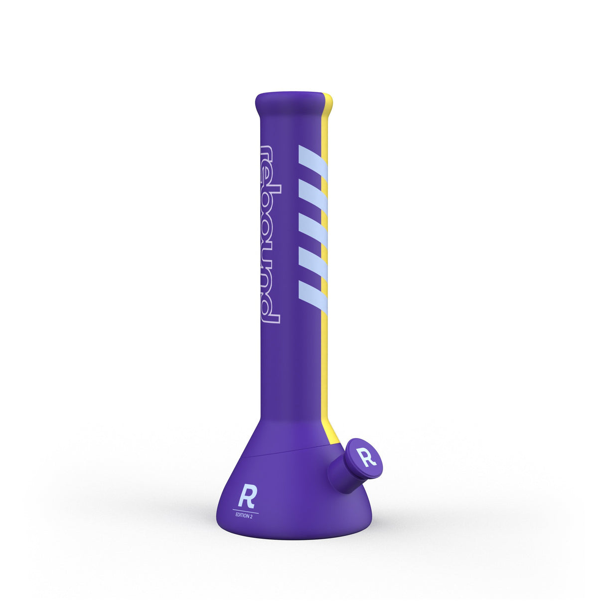 14 Silicone Beaker Bong - Purple & Yellow with white stripes, shatterproof design, removable base, and glass bowl, ideal for stylish, durable smoking sessions.