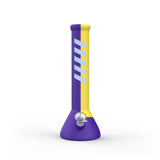 14 Silicone Beaker Bong - Purple & Yellow, featuring a durable design with a removable base and included glass bowl, ideal for easy cleaning and portability.