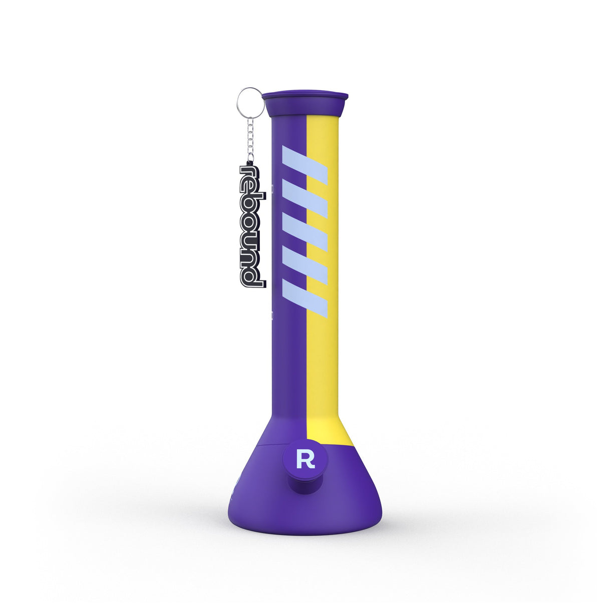 14 Silicone Beaker Bong - Purple & Yellow with a keychain attachment, featuring a durable, shatterproof design and sleek, modern aesthetic for easy, stylish use.