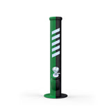 14 Silicone Straight Bong - Black & Green with durable, shatterproof design, featuring a sleek cylindrical body and a close-up of its funnel detail.