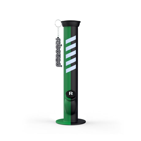 14 Silicone Straight Bong - Black & Green featuring a durable, shatterproof design with a sleek cylinder shape, white logo, and included chain attachment for easy handling.