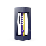 14 Silicone Straight Bong - Purple & Yellow, featuring a durable, shatterproof design with white stripes, enclosed in a blue box, ideal for stylish, everyday use.