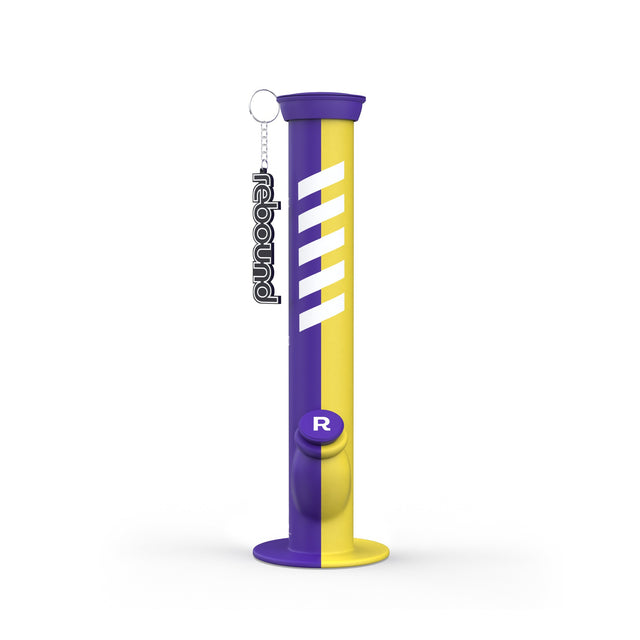 14 Silicone Straight Bong in purple and yellow, featuring a durable, shatterproof design with a white logo, ideal for stylish and reliable smoking sessions.