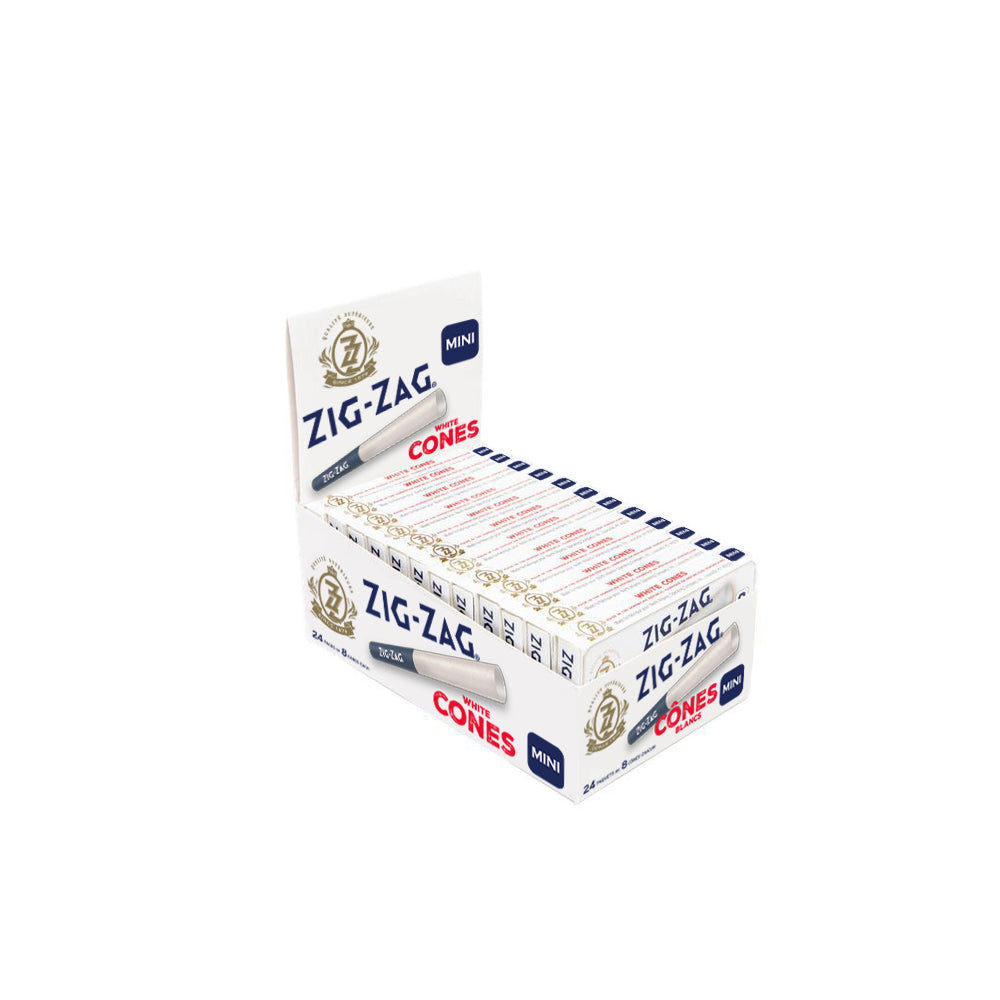 Pre-Rolled White Mini Cones - Carton of 24, showing the branded, crush-proof slide box containing pre-rolled paper cones for easy filling and packing.