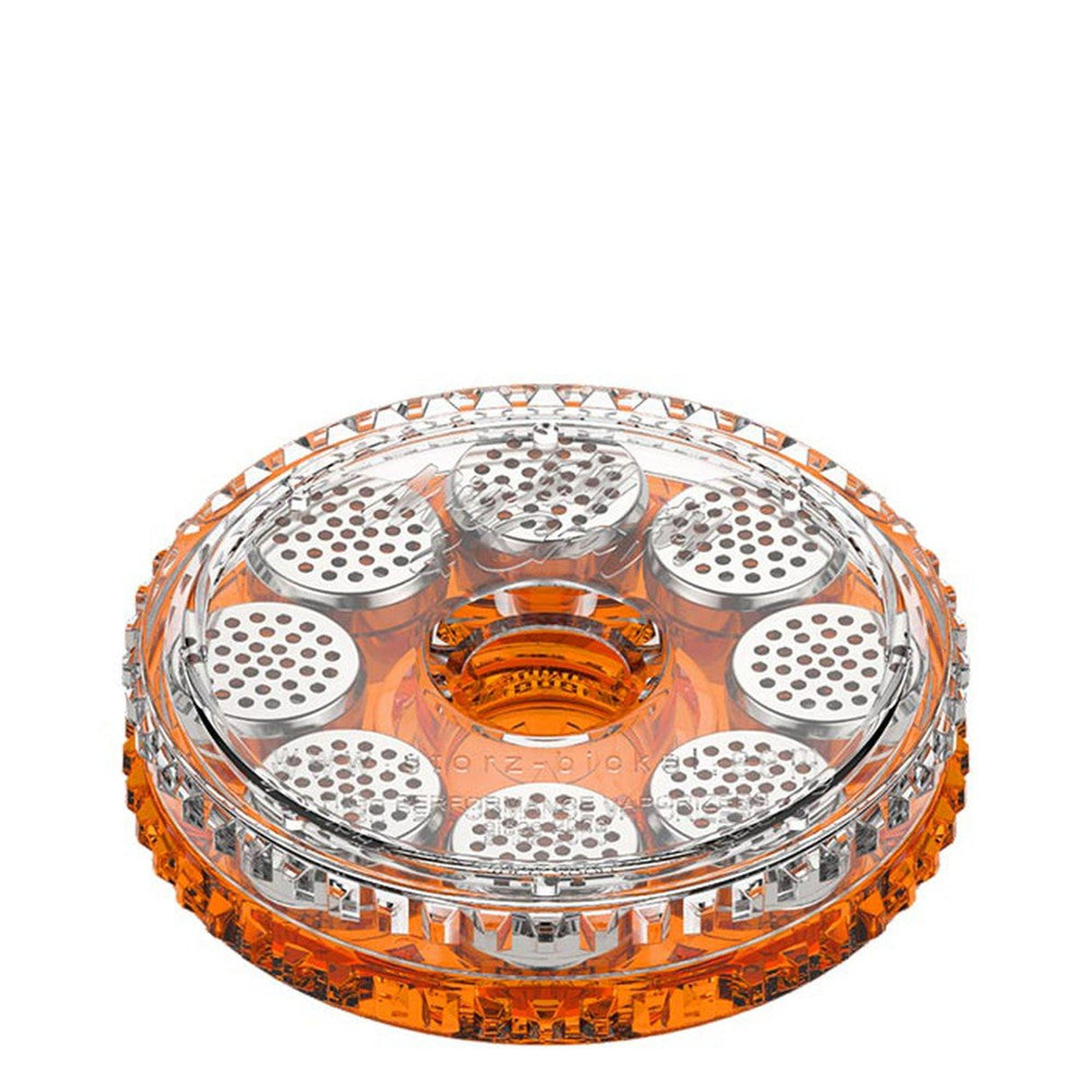 Round container with metal holes, identified as Dosing Capsule Magazine, designed for storing pre-filled herb capsules for efficient, clean vaping sessions. Includes one magazine, eight capsules.