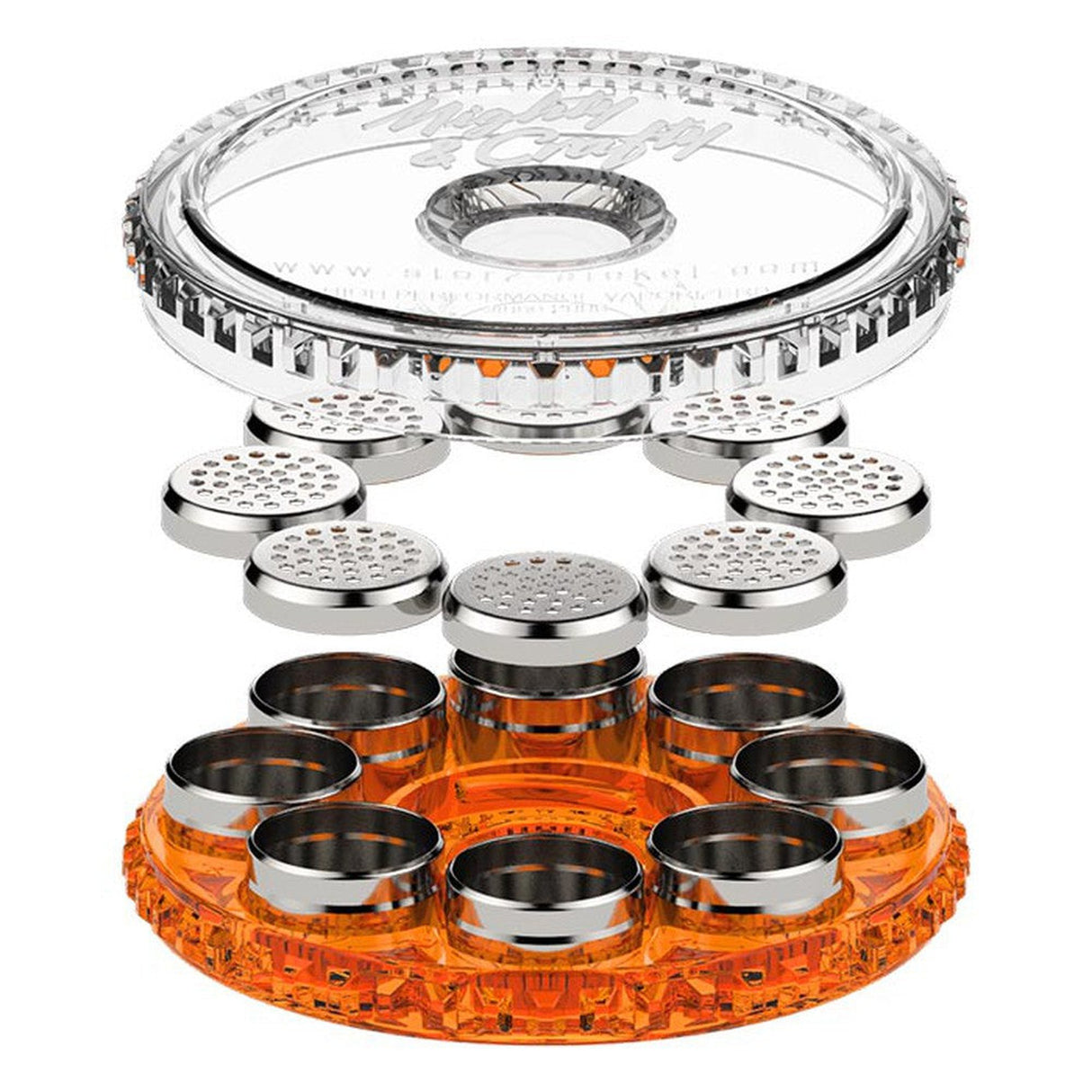 Dosing Capsule Magazine with clear and orange container, silver metal holes, designed for pre-filling and storing vaping capsules for efficient herb sessions.