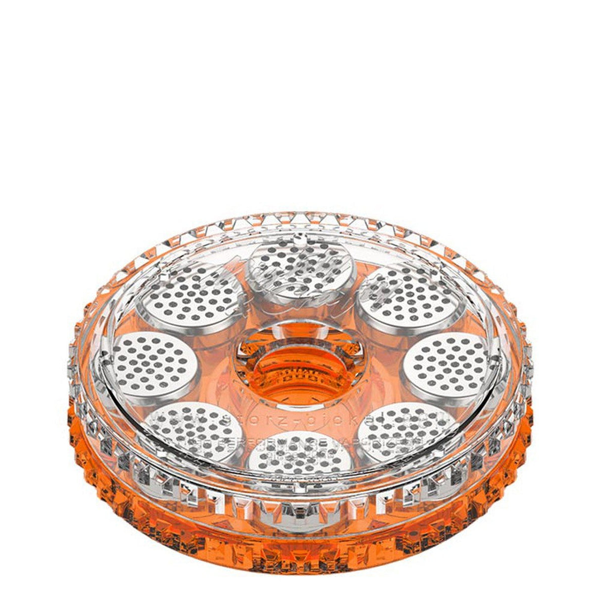 Round container with multiple holes, part of the Dosing Capsule Magazine, designed for storing pre-filled herb capsules for vaping convenience and efficiency.