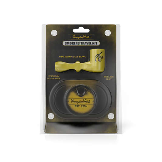 Pipe Travel Pack Set featuring a yellow smoking pipe with protective packaging, ideal for smokers seeking a portable, durable solution for on-the-go enjoyment.