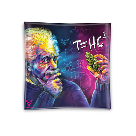 Glass Ashtray - T=HC2 Einstein Classic, featuring a man contemplating, and a hand holding a plant, emphasizing its artistic and functional design.