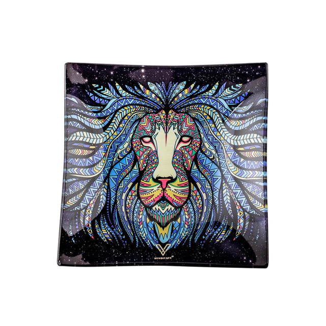 Glass Ashtrays - Elephant features a square plate with a colorful lion face design, crafted from durable, drop-tested tempered glass for stylish, everyday use.