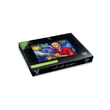 Glass Rolling Tray - Small - Smoky Night, featuring a vibrant design with a man smoking, inspired by Van Gogh, on a durable, shatter-resistant glass surface.