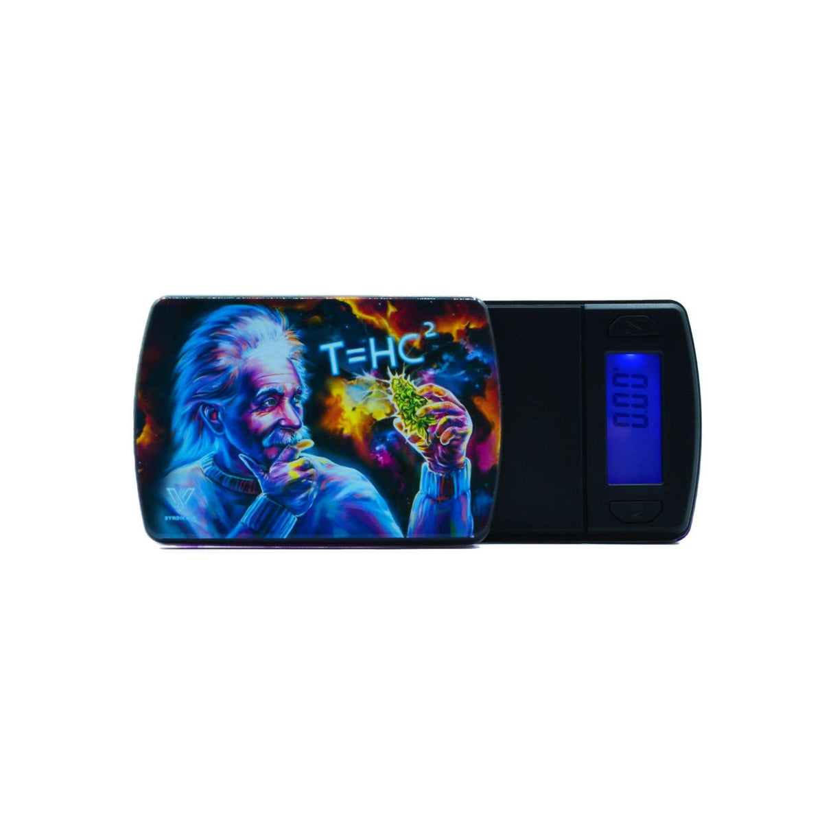 ScaleBuds - T=HC2 Einstein Black Hole: Portable electronic scale featuring a high-resolution image of a man, with a digital display and removable tray cover.