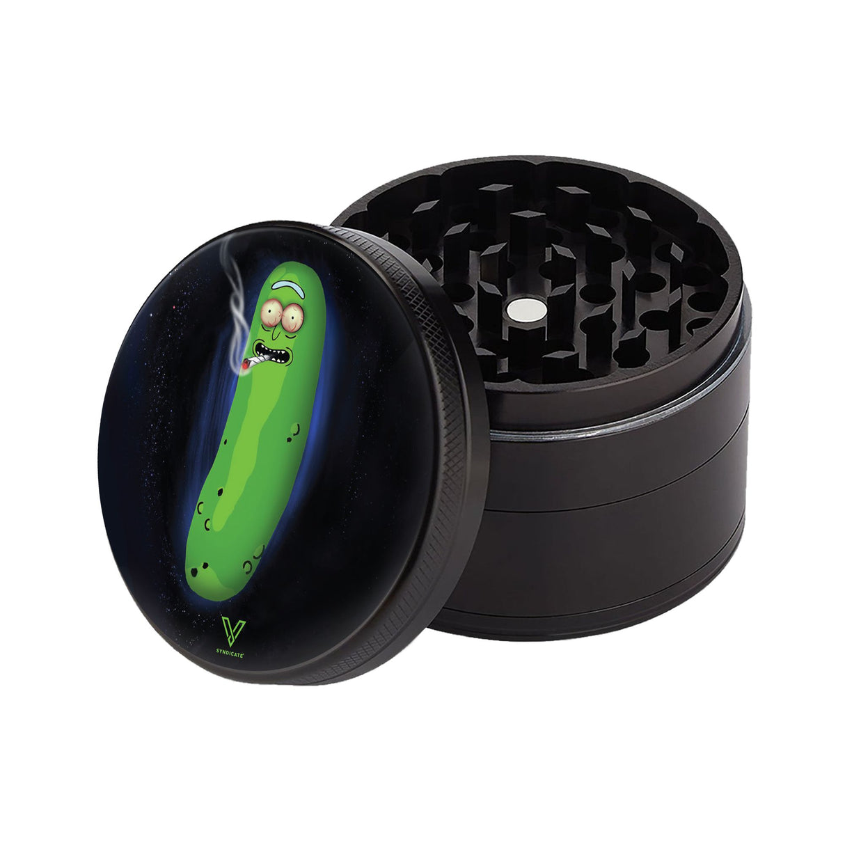 4pcs Metal 2.2 Sharp Shred Grinder featuring a cartoon pickle design, equipped with sharp teeth, and a durable pollen screen for efficient herb grinding.