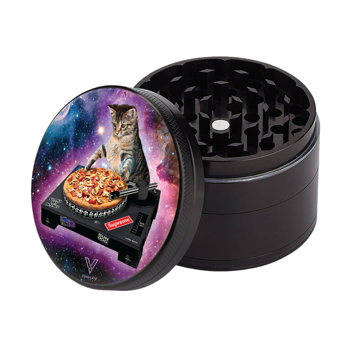 4pcs Metal 2.2 Sharp Shred Grinder featuring a cat and pizza design, showcasing its sharp teeth and durable pollen screen for efficient herb grinding.