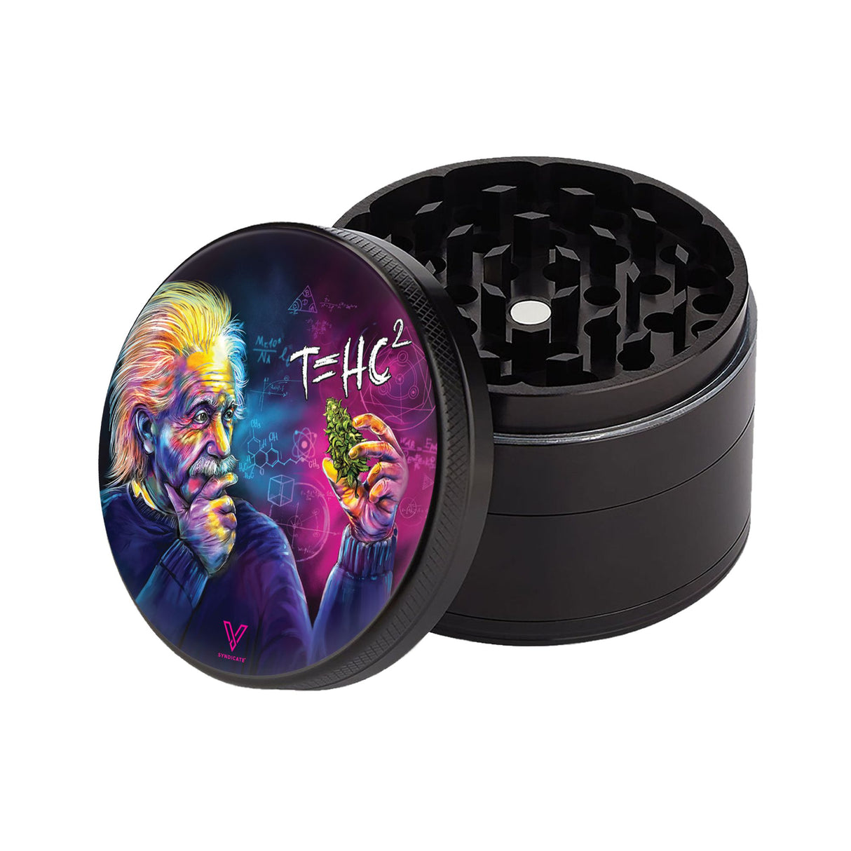 4pcs Metal 2.2 Sharp Shred Grinder featuring a black cylindrical design with a picture of a man and marijuana, ideal for precise herb grinding.