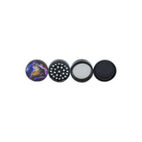 4pcs Metal 2.5 SharpShred Grinder featuring cat design, black circular form, precision teeth, and durable pollen screen, ideal for portable herb grinding.