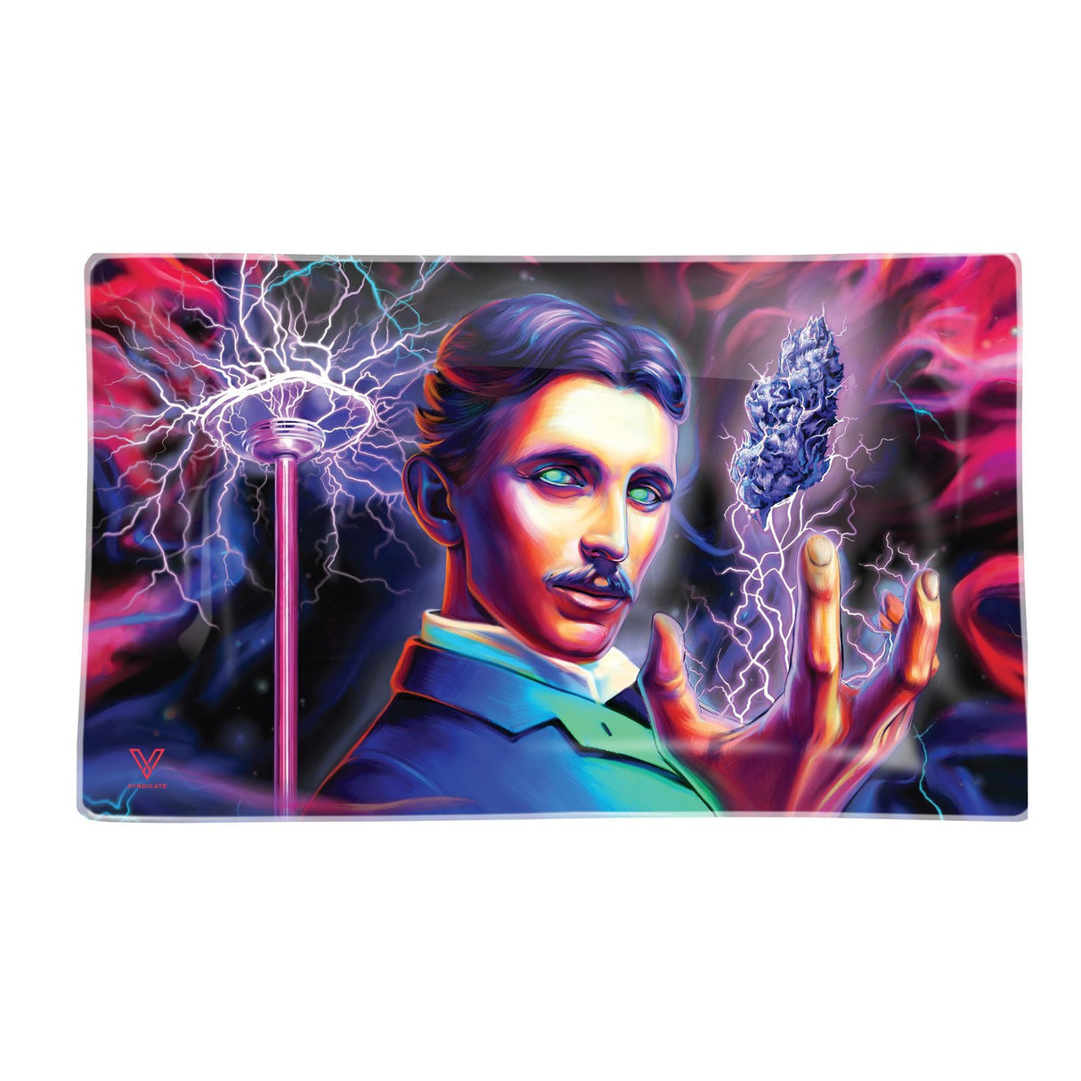 Glass Rolling Tray - High Voltage (Tesla), featuring a lightning-inspired design with a mustached figure, crafted from durable tempered glass for an electrifying smoking experience.