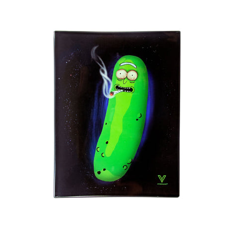 Glass Rolling Tray - Pickle: Cartoon pickle character smoking a cigarette, featured on a durable, shatter-resistant glass tray designed for Rick and Morty fans.