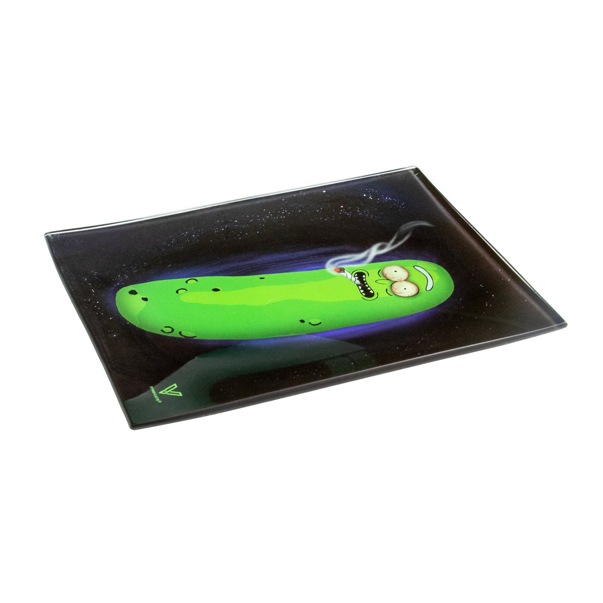 Glass Rolling Tray featuring Pickle Rick from Rick and Morty, showcasing a vibrant design on shatter-resistant glass, ideal for organized rolling sessions.