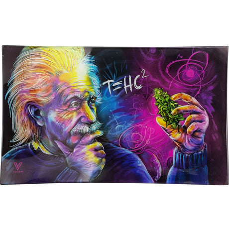 Glass Rolling Tray - T=HC2 Einstein Classic, featuring a painting of a man holding a green plant, crafted in durable, shatter-resistant glass for sleek, functional use.