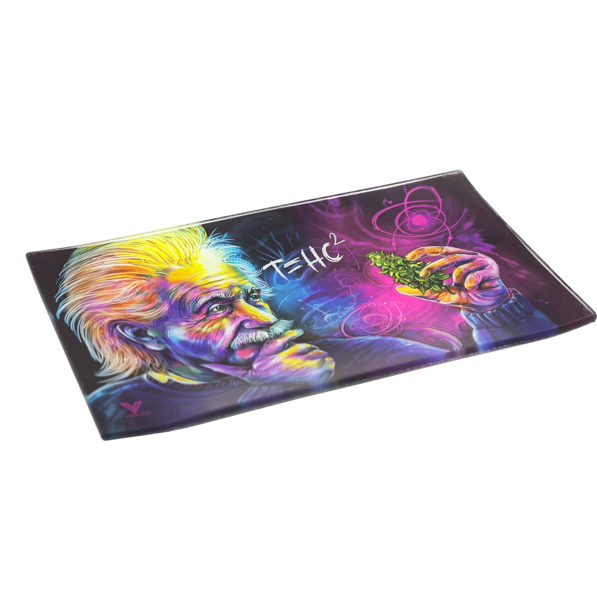 Glass Rolling Tray - T=HC2 Einstein Classic features a colorful Einstein-inspired design, showcasing a man with a plant, enhancing the sleek, durable glass tray.