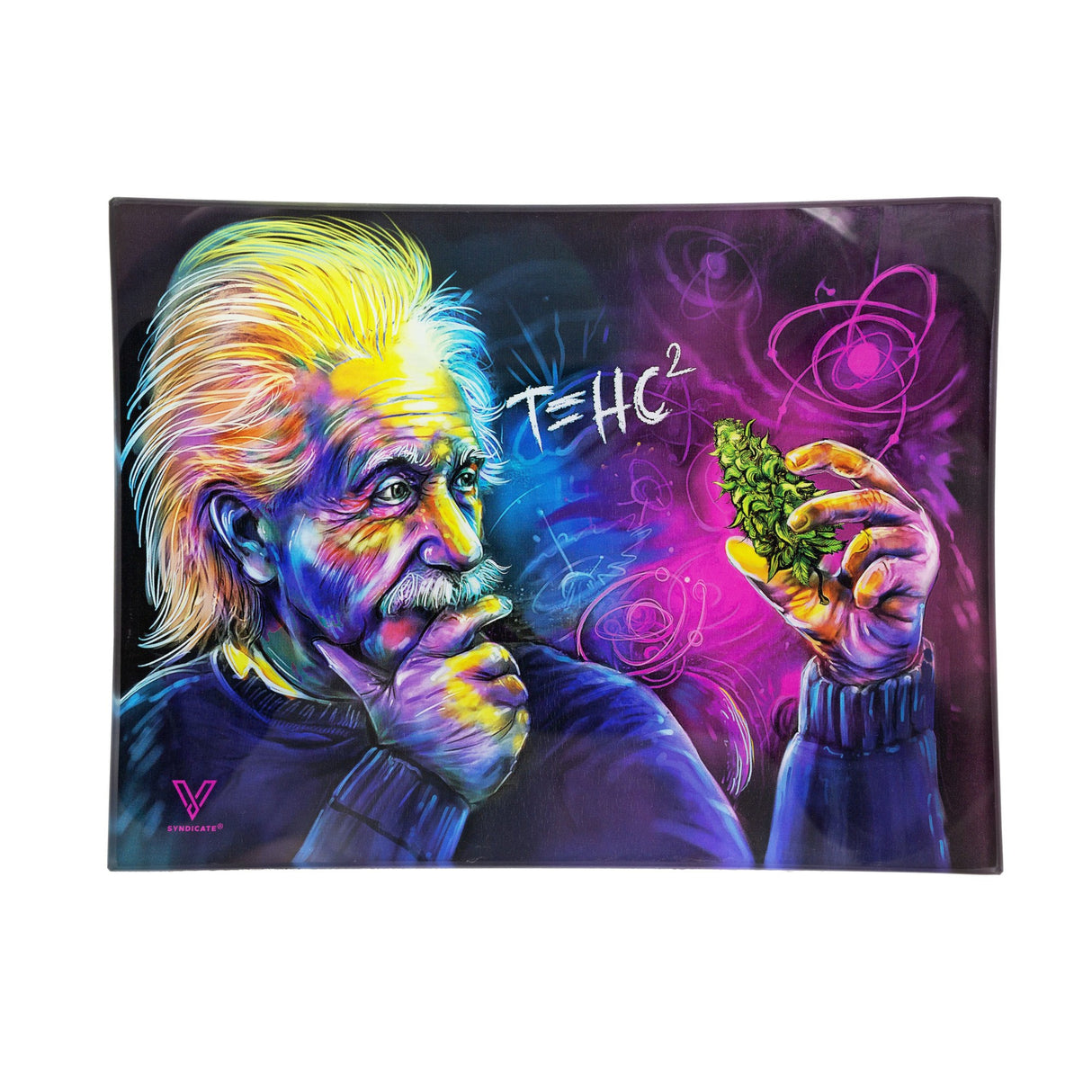 Glass Rolling Tray - T=HC2 Einstein Classic features a painting of a man with a plant, symbolizing scientific genius, on durable, shatter-resistant glass.