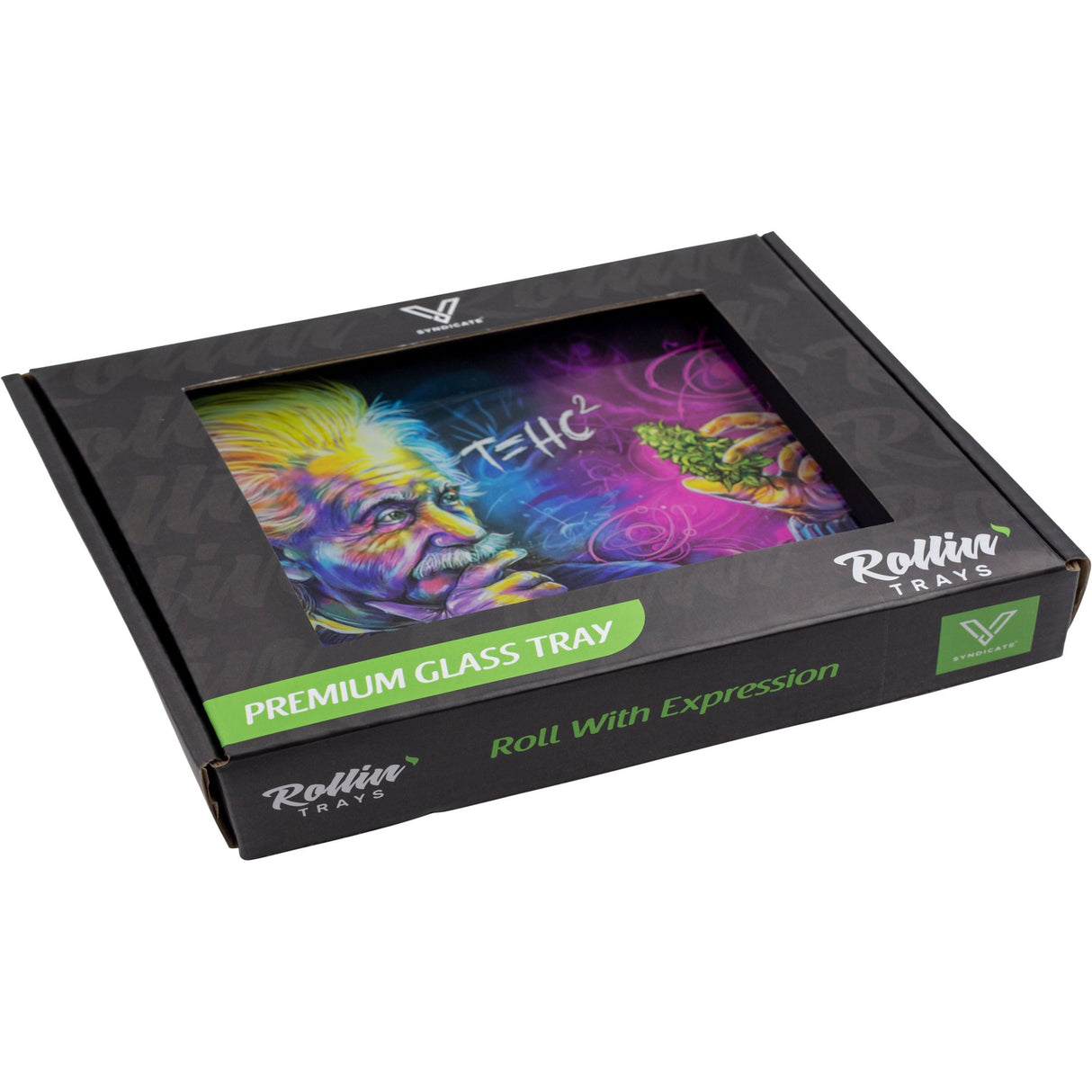 Glass Rolling Tray - T=HC2 Einstein Classic featuring Einstein's image and equation design, crafted from shatter-resistant glass for durable and stylish rolling.