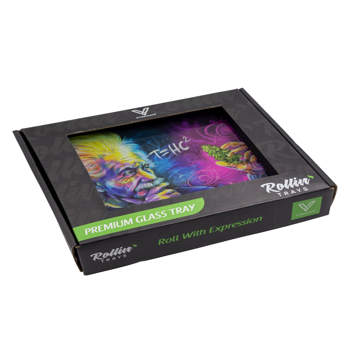 Glass Rolling Tray - T=HC2 Einstein Classic features a sleek design with Einstein's equation, crafted from durable glass for a seamless rolling experience.