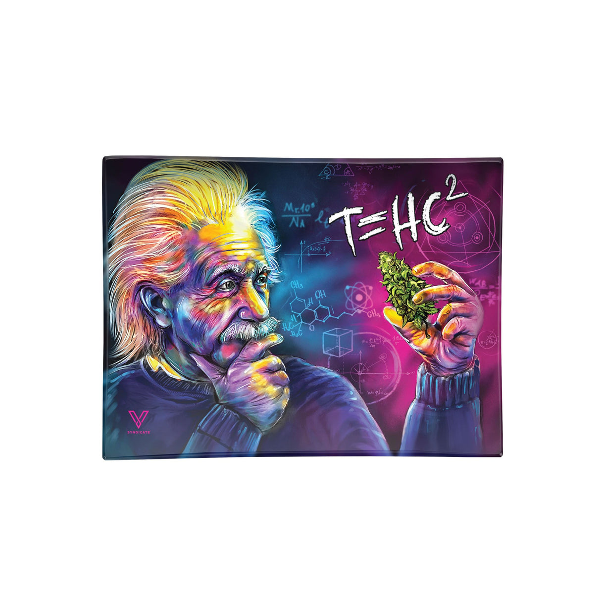 Einstein-inspired Glass Rolling Tray - T=HC2, held by a man, showcasing its sleek, shatter-resistant design perfect for organized, efficient rolling.