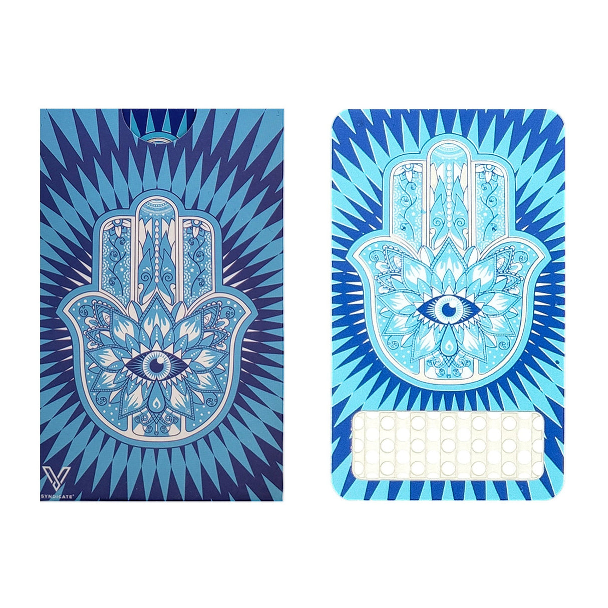 Grinder Card - Hamsa Blue: Features a hand-drawn hamsa design, portable and wallet-sized, ideal for on-the-go herb grinding with precision-cut teeth.