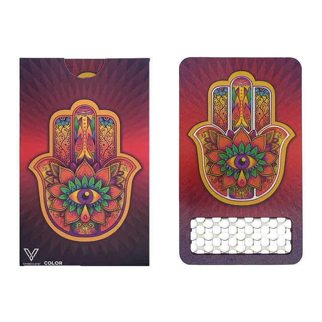 Grinder Card - Hamsa Red features a colorful, hand-drawn hamsa design. Portable and stylish, it fits in wallets for convenient herb grinding anytime.