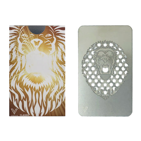 Grinder Card - Roaring Lion, featuring a lion head design cut from metal, showcasing sleek, portable grinding functionality with wallet-friendly size and precision-cut teeth.