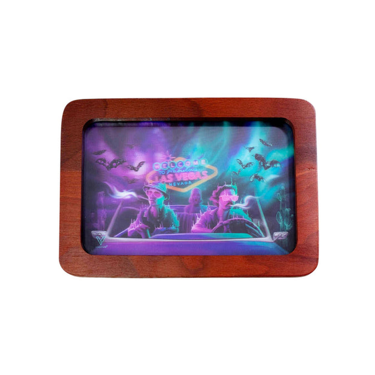 High-Def (3D) Rolling Tray - Bat Country features a wooden frame with dynamic 3D holographic image of men in a convertible car.